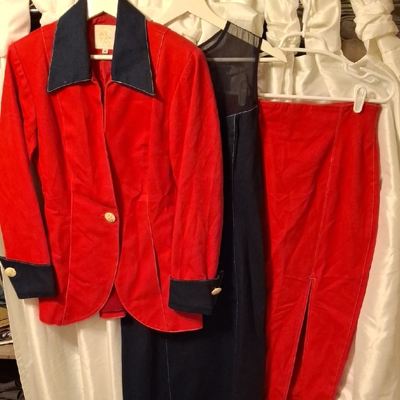 Elegant Red and Blue Blazer with Dress & Skirt 3 Piece Set